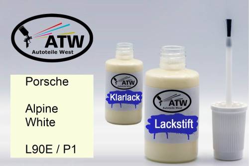 Porsche, Alpine White, L90E / P1: 20ml Lackstift + 20ml Klarlack - Set, von ATW Autoteile West.